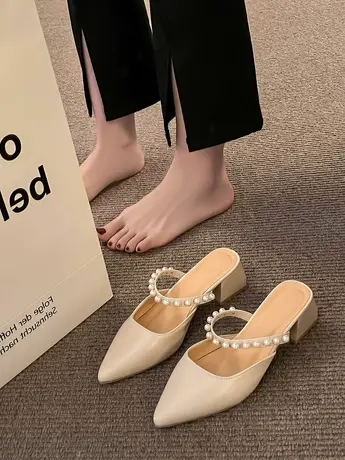 包头半拖鞋女款2023年夏季新款尖头珍珠小香风百搭气质高跟凉拖鞋商品大图