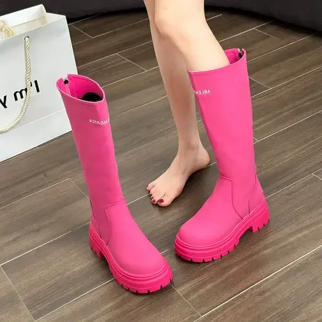 骚粉色骑士靴女长靴2023秋季新款复古英伦风厚底不过膝炸街高筒靴商品大图