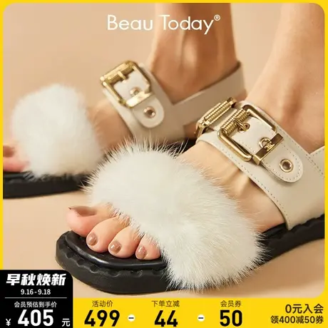 BeauToday罗马毛毛凉鞋女新款BT仙女风一字带凉鞋平底设计感小众图片