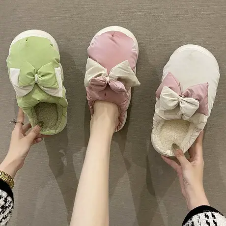 蝴蝶结棉拖鞋女冬季羽绒布防水可爱室内厚底加绒保暖防滑居家拖鞋商品大图