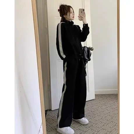 春秋季胖mm大码休闲运动套装女黑色显瘦外套高腰长裤两件套200斤商品大图