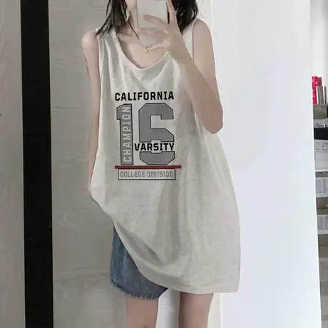 美式纯棉吊带运动坎肩背心无袖t恤女夏季外穿篮球服宽松挂脖上衣图片