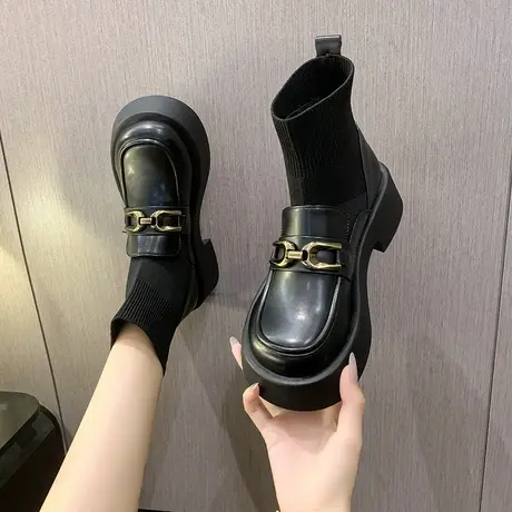 针织弹力瘦瘦袜靴女短靴2024新款春秋厚底连袜马丁靴子乐福小皮鞋图片