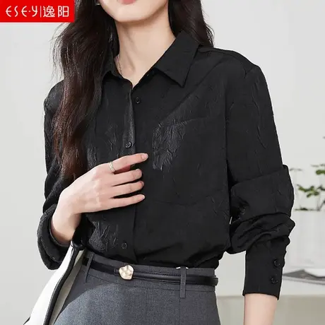 逸阳黑色复古褶皱衬衫女2024春新款上衣休闲气质纹理显瘦通勤衬衣图片