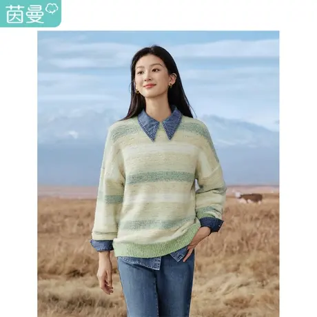撞色宽条纹休闲毛衣2023冬女装新款圆领落肩袖宽松柔暖上衣商品大图