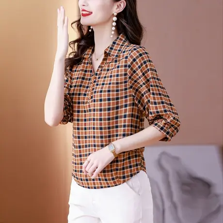 格子衬衫女夏季2023年新款大码宽松显瘦女士上衣设计感小众女衬衣商品大图