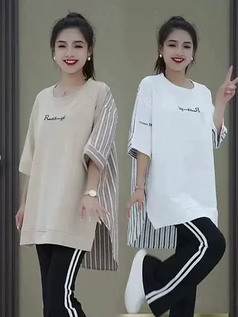 爆款时尚拼接条纹衬衫短袖T恤女夏季新款宽松遮肉设计感百搭上衣商品大图