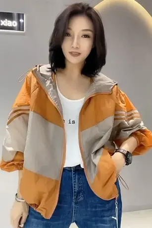 2023夏季新款撞色拼接防晒连帽薄外套女抽绳宽松拉链开衫洋气风衣商品大图
