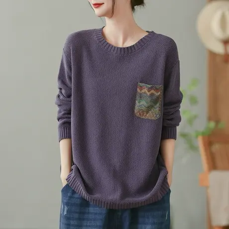 dza 复古圆领毛衣女士春秋内搭打底衫休闲宽松针织衫套头打底上衣商品大图