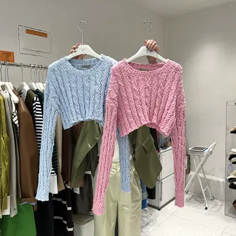 2022秋季新款韩版针织衫长袖短款露脐百搭高腰毛衣洋气打底衫上衣商品大图