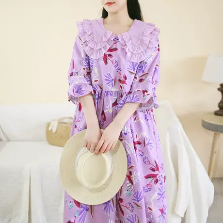 胖妹妹夏季2023新品棉质花朵连衣裙加大码复古洋气漂亮双层叠领裙商品大图