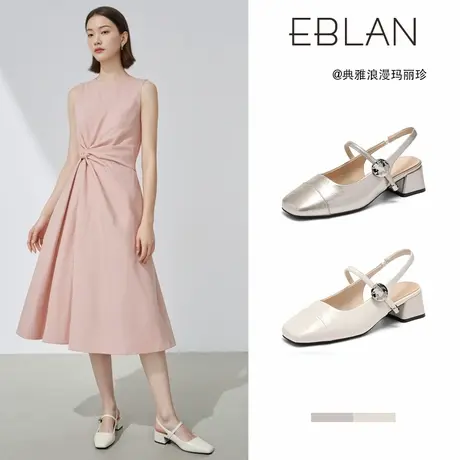 EBLAN/伊伴粗跟凉鞋女2025夏季新款法式高跟鞋方头玛丽珍包头单鞋图片