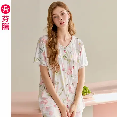 芬腾女士睡衣夏季新款短袖开衫套装休闲加大码薄款透气女款家居服商品大图