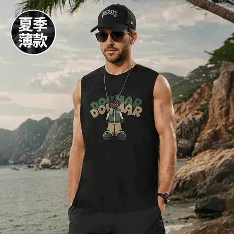 薄款无袖男t恤夏季宽松大码坎肩痞帅风运动宽肩胖子男士健身背心图片