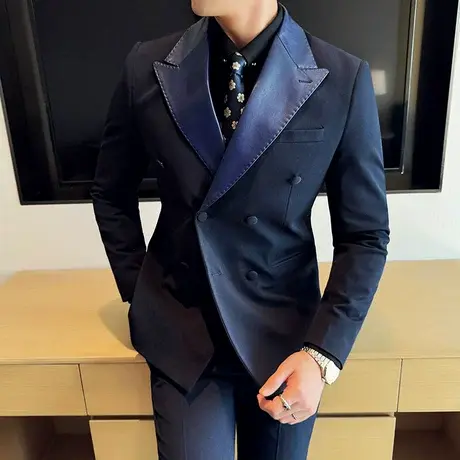 美式塔士多青果领缎面拼接戗驳领双排扣西服男套装新郎结婚礼服图片