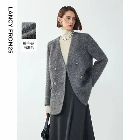 朗姿2024年冬季新款高级感复古羊毛上衣v领气质法式保暖毛呢外套商品大图