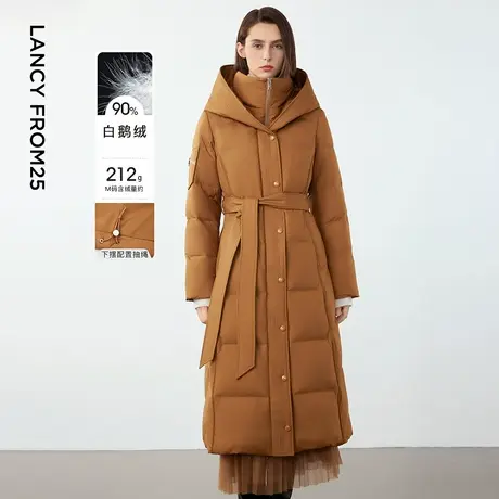 细带连帽简约舒适柔软保暖中长款女式羽绒服外套图片