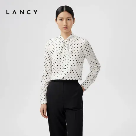LANCY/朗姿2024春季新款法式波点长袖飘带衬衫女修身通勤中长上衣图片