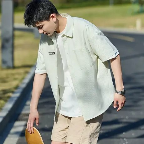 唐狮夏季新款条纹短袖衬衫男日系宽松休闲百搭复古衬衣外套男图片