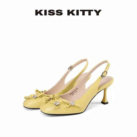 KISSKITTY2025新款方头蝴蝶结包头女鞋女黄色细跟高跟鞋后空凉鞋商品大图