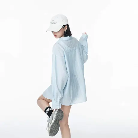 蓝色天丝凉感物理防晒长袖衬衫女夏季情侣宽松衬衣轻薄外套空调衫商品大图