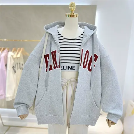 美式复古慵懒精致刺绣字母BF风宽松大码连帽卫衣女拉链开衫外套女商品大图