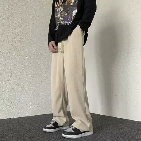 米白色休闲裤男日系垂感宽松直筒阔腿工装裤潮牌百搭松紧腰长裤子商品大图