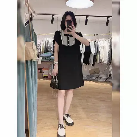 大码小香风法式复古连衣裙夏季新款胖mm宽松蝴蝶结名媛气质小黑裙商品大图