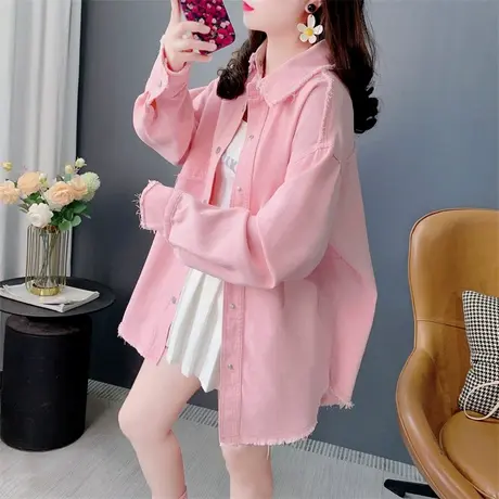 设计感毛边纯色长袖牛仔衬衫女春季2025新款宽松休闲百搭外套上衣图片