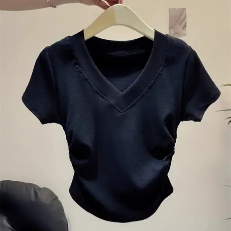 气质高级感V领正肩短袖女T恤夏季新款韩版修身小个子短款辣妹上衣商品大图
