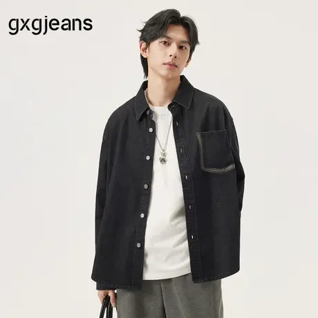 gxg.jeans男装 黑色复古撞色口袋时尚宽松牛仔衬衫外套 25秋新品图片