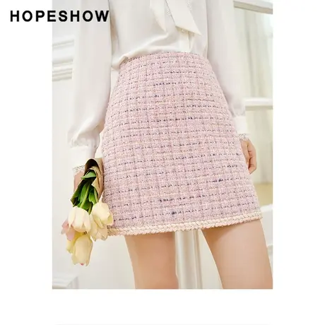 红袖outlets格纹香风a字短裙hopeshow2022秋新款遮胯包臀半身裙女图片