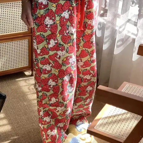 秋冬上新草莓Kitty全棉磨毛睡裤亲肤柔软女家居裤宽松休闲带口袋商品大图
