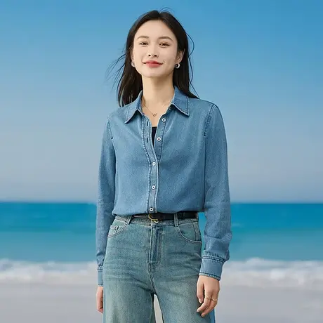 娅丽达复古港风渐变蓝色牛仔衬衫女春夏新款宽松气质长袖衬衣外套商品大图