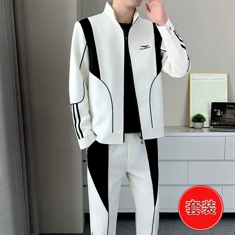时尚撞色外套春秋季男士三件套装潮牌休闲帅气夹克穿搭配一套衣服商品大图