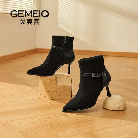 戈美其2025新款复古尖头短靴女细跟高跟鞋气质百搭时装靴显瘦女靴图片