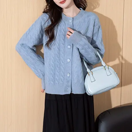 唐狮秋冬温柔风绞花设计圆领开衫女针织外套春秋高级感上衣潮tu图片