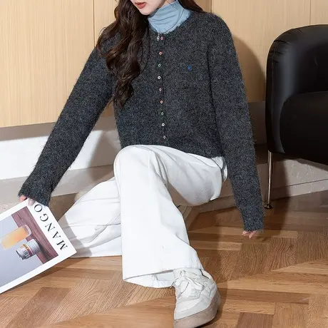 唐狮秋冬季女毛衣彩色小扣子圆领开衫短款休闲小设计感毛线衫tu商品大图