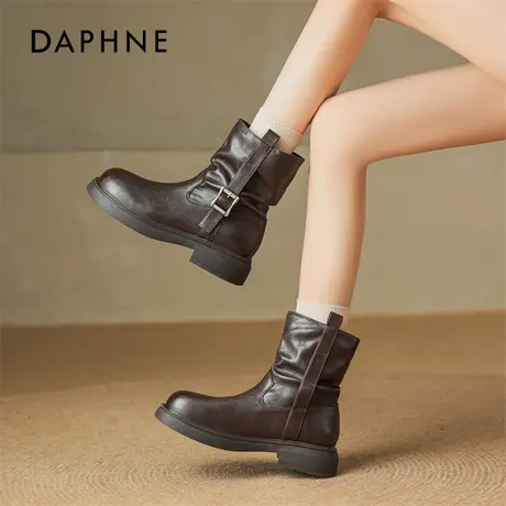 达芙妮厚底短靴女2025冬季新款美拉德复古加绒堆堆靴棕色马丁靴子商品大图