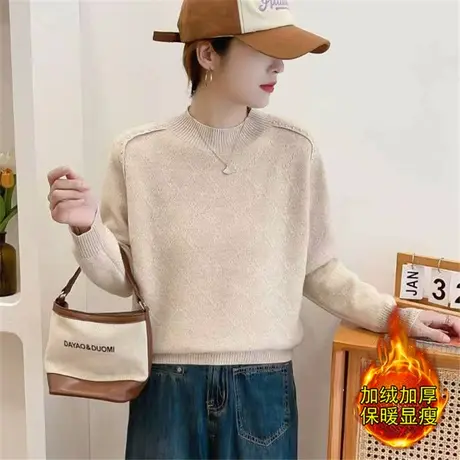 半高领一体绒毛衣女秋冬季打底衫2023新款针织衫加绒加厚内搭女装图片