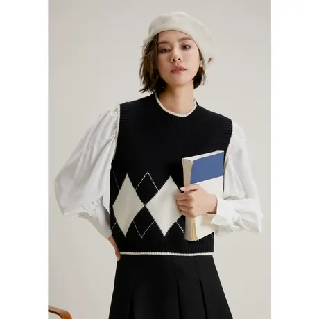 弥古黑色针织马甲女2023新款秋冬菱格拼色毛衣背心高级感外搭上衣图片