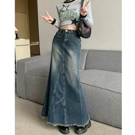 复古开叉牛仔半身裙女2023年新款春a字高腰显瘦不规则毛边中长裙图片