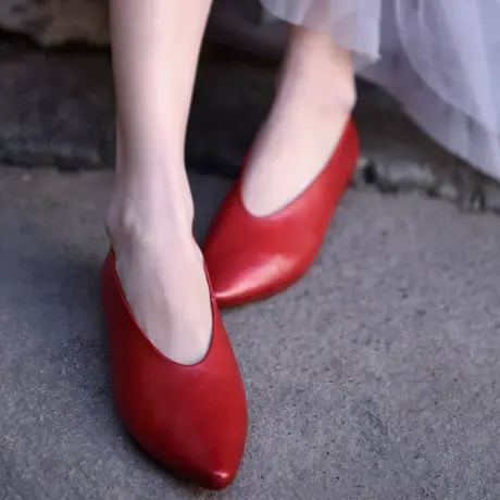 Artmu阿木原创春季新款欧美复古真皮平底鞋女尖头软底单鞋奶奶鞋图片