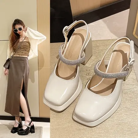 仙女风包头凉鞋女款夏季外穿2023新款时尚百搭一字扣带粗跟高跟鞋商品大图