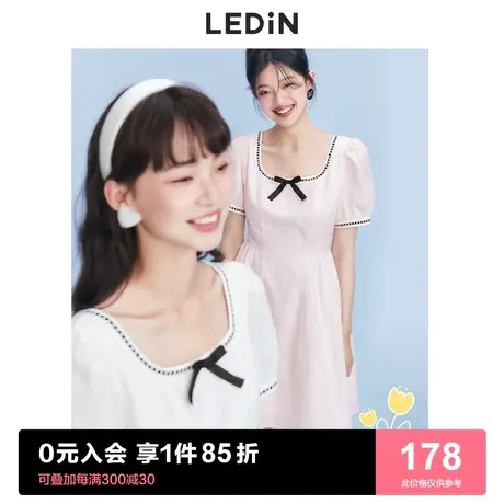 乐町甜美裙子夏天2023女装基础款收腰双色公主盐系短袖连衣裙商品大图
