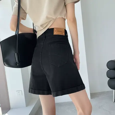 黑色牛仔短裤女夏季薄款高腰宽松显瘦直筒小个子四分阔腿五分裤子商品大图