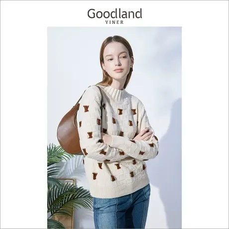 音儿美地女装2022冬季新款撞色半高圆领纯羊毛针织衫套头商品大图