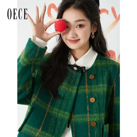 Oece设计感格纹外套冬新款女装复古气质毛呢短外套秋冬小个子图片