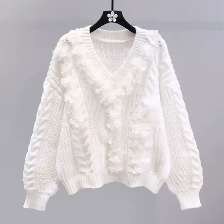 钉珠花朵V领麻花毛衣女秋冬2023新款韩版宽松外穿设计感针织上衣图片