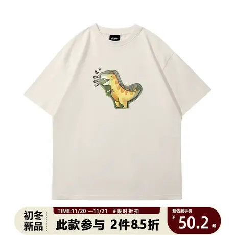 t恤男士短袖潮牌国潮呐喊小恐龙夏季潮男休闲米色圆领学生体恤夏商品大图